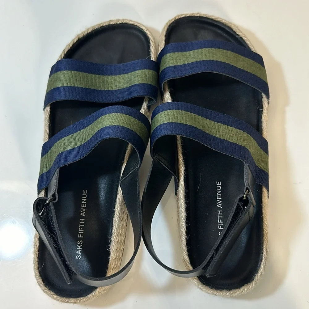 Saks Fifth Avenue Foley Navy Green Stripe Slingback Sandals Size 10 Preppy